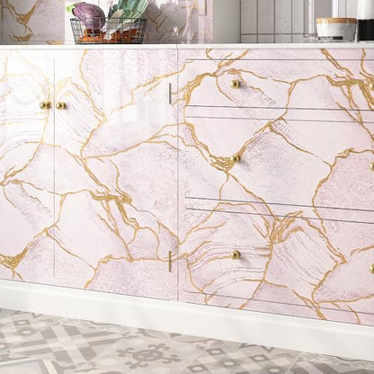 LACHEERY Pink and Gold Marble Contact Paper for Countertops Waterproof Glossy Pink Marble Wallpaper Peel and Stick Countertops Kitchen Vinyl Wrap for Countertop Cabinets Counter Top Covers 15.8"x79"