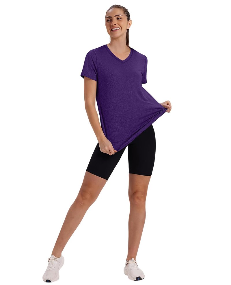Summer Tops for Women 2026 Short Sleeve Workout Clothes Athletic Shirts Pilates Outfits Camisetas Deportivas para Mujer V Neck Purple L