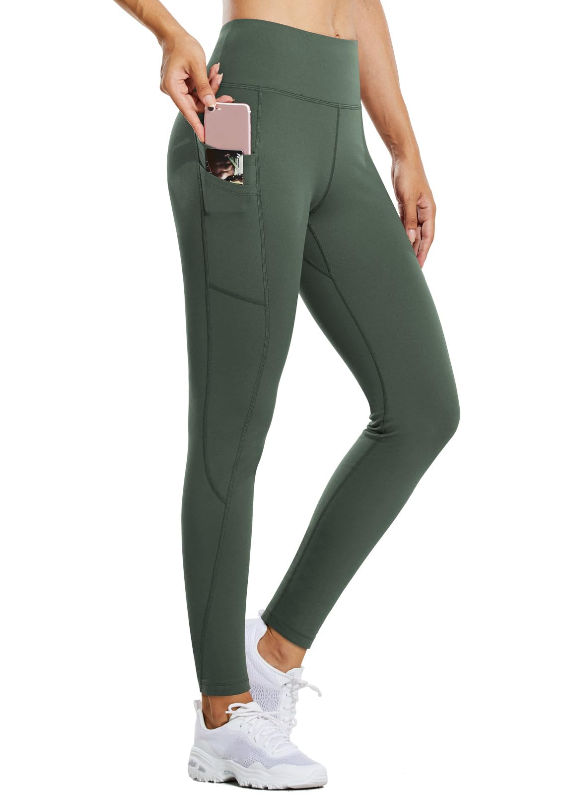 baleaf Thermal Leggings for Women Fleece Lined Waterproof Winter Hiking Pants Warm Tights Cold Weather Running Gear Army Green XL