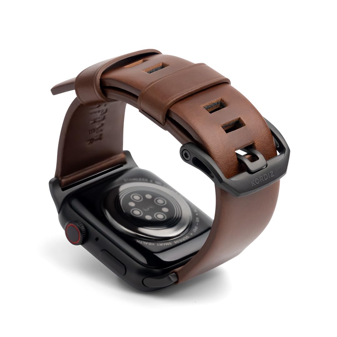 KORDIZ Modern Leather MAX Band for Apple Watch Series 11 10 9 8 7 6 5 & SE3 SE2 SE [46/45/44mm] – Premium Full-Grain Leather Strap for Men, Rugged Modern Design, Stainless Steel Buckle, Comfortable Everyday Fit – 26mm Wide Leather Band (46/45/44mm | Dark