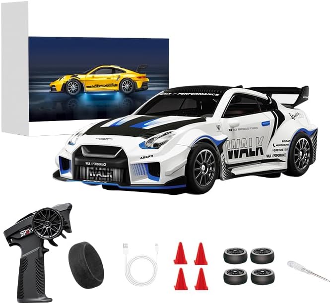 1/43 Scale RC Drift Car 2.4G Full Proportional 4WD Remote Control Car with Gyro Adjustable Speed &amp LED Lights Alloy RC Vehicle for Adult