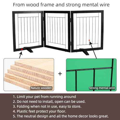 ZJSF Freestanding Dog Gate Indoor, Foldable Dog Fence for Doorways,Hallways or Stairs, Sturdy Wood Extra Wide Pet Gate with Support Feet,Black,24 "Height-3 Panels