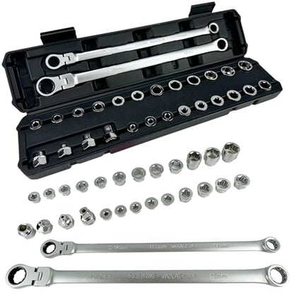 TR TOOLROCK 27PCS Extra Long Flex Head Ratcheting Wrench Set, Metric Double Box End Ratchet Wrench Set with Replacement Heads, 72-Tooth, E-type 8-22mm, 1/4", 3/8", 1/2" Socket Adapters