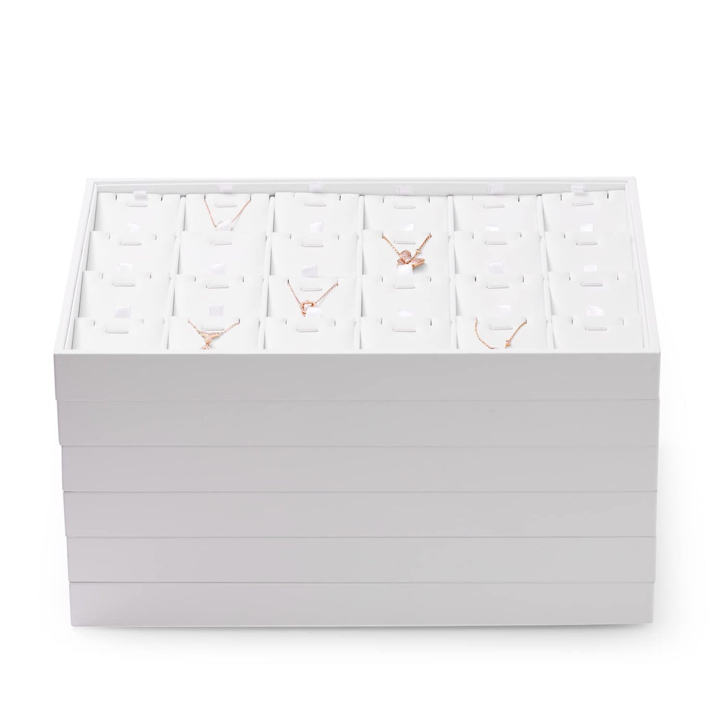 Oirlv Premium White Leather Stackable Jewelry Tray 24 Grid Jewelry Organizer Tray with Removable Inserts Cards Necklace Display Holder