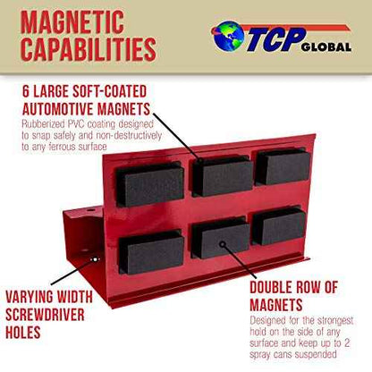 TCP Global Magnetic Spray Can Holder Wall Mount, 2 Aerosol Cans Holder, 5 Screwdriver Tray & Spray Can Organizer, Magnetic Bottle Shelf for Home Workspace and Garage