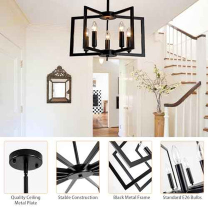 Black Chandelier,5-Light Dining Room Light Fixture Modern Farmhouse Geometric Metal Hanging Industrial Chandeliers for Entryway Kitchen Island Foyer Lighting Fixtures