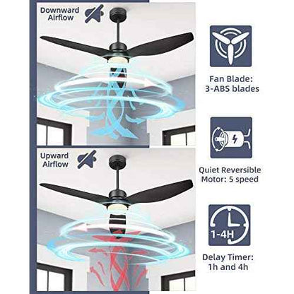 YOUKAIN 52 Inch Indoor/Outdoor Modern Ceiling Fan with Lights and Remote Control, Reversible Blades, for Living room, Bedroom, Bathroom, Matte Black, 52-YJ359-BK