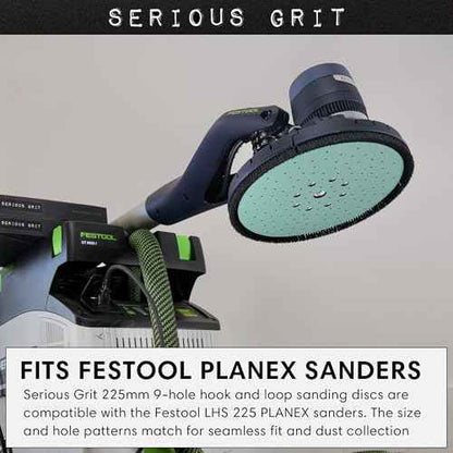 Serious Grit - 225mm 9-Hole 120 Grit Drywall Sanding Discs - Fits Festool Planex LHS 225 Sanders - Heavy-Duty Hook & Loop Film Abrasives - Dust-Free Multi-Hole Drywall Sander Sandpaper - 25 Pack