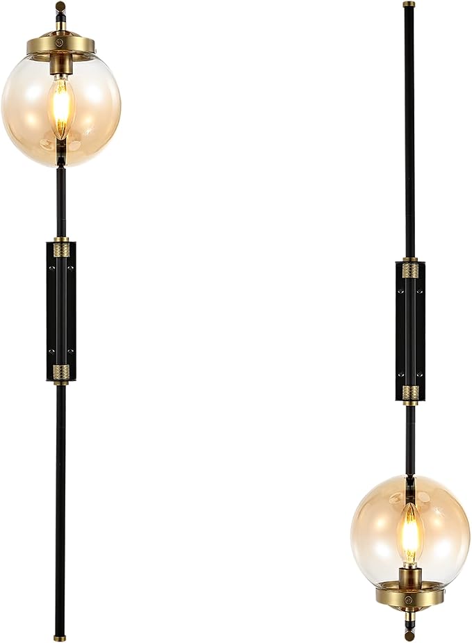ELEHINSER Black Wall Sconces Set of 2 with Globe Shade, Modern Indoor Plug in Wall Lamps with Switch, Angle Adjustable Light for Bedroom Living Room Study Hallway Bedside