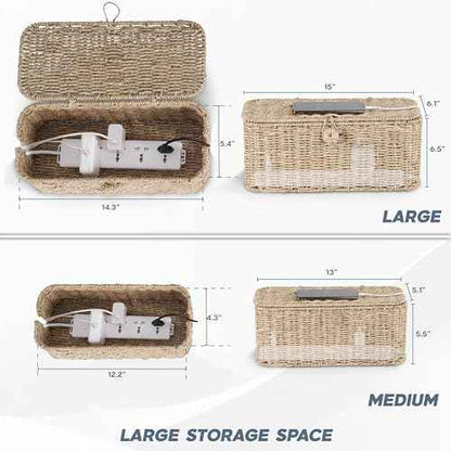 2-Pack Large Cable Management Box, Natural Rattan Cable Cord Organizer Boxes for Power Strip ? 2 Open Slots Cords Hider Box for TV Wires, Computer, Router, USB Hub and Under Desk Power Strip