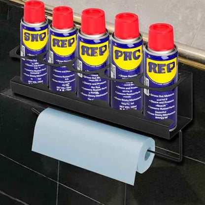 Cedilis 2 Pack Aerosol Spray Can Holder Rack with Paper Towel Holder, Wall Mounted Steel Spray Bottle Organizer, Black Spray Paint Can Holder for Garage and Workspace, Mounting Accessories Included