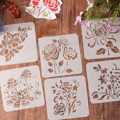 12PCS Flower Stencils, Rose Lotus and Tulip Pattern Wall Stencils for Painting, Floral Stencils for Crafts Reusable Drawing Aids