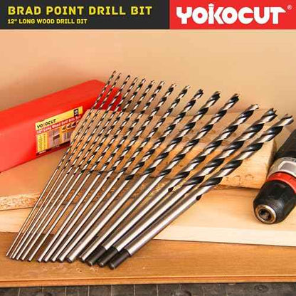 Brad Point Drill Bits Set, 15pcs 12 Inch Long Wood Drill Bits, 1/8" to 1/2" Brad Point Drill Bits for Woodworking, Extra Long Drill Bit for Hardwood, Plywood, PVC, Drywall, Engineered Composites