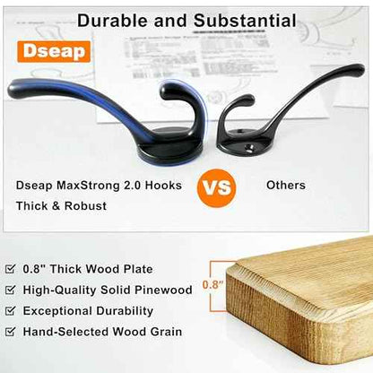 Dseap Coat Rack Wall: 24" Long, Patented, Heavy-Duty, 6-Double-Hooks Wooden Wall Mounted Coat Rack Coat Hanger Hook Rail for Winter Coats Hat Jacket Clothing, White & Black