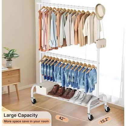 MISSLO Heavy Duty Clothing Racks for Hanging Clothes Rack Double Rod Garment Rack Rolling Closet Wardrobe on Wheels, Metal, Adjustable (White)