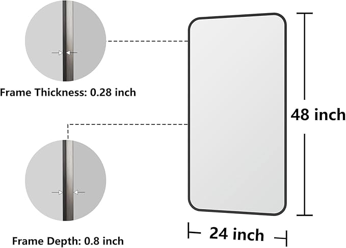 Koonmi Bathroom Mirror, 24X48 Inch Black Metal Framed Mirror for Bathroom, Tempered Glass, Anti-Rust, Rounded Rectangle Mirror for Restroom, Bedroom, Black