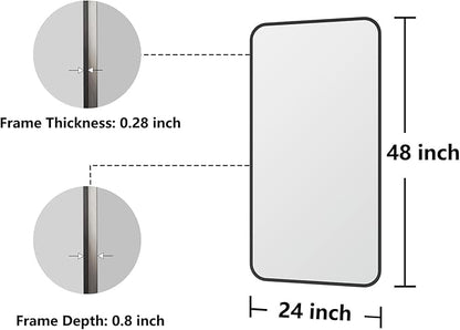 Koonmi Bathroom Mirror, 24X48 Inch Black Metal Framed Mirror for Bathroom, Tempered Glass, Anti-Rust, Rounded Rectangle Mirror for Restroom, Bedroom, Black