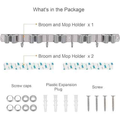 Broom Holder Wall Mount Heavy Duty, Mop Holder with Hooks, Broom and Mop Organizer Wall Hanging Self Adhesive for Kitchen Garden Garage (5 Racks 4 Hooks)