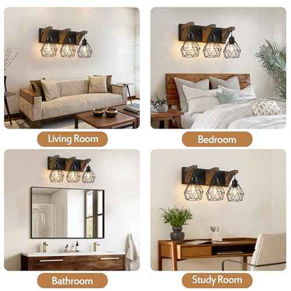 Farmhouse Bathroom Light Fixtures, 3 Light Bathroom Vanity Light, Black Rustic Wood Vanity Lights Wall Sconces with Elegant Metal Lampshade for Living Room, Bedroom, Hallway (Retro Black, 3-Light)