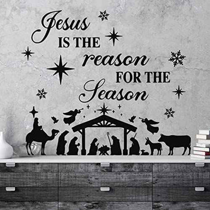 3 Pcs Nativity Scene Decor Stickers Christmas Bible Quotes Christian Vinyl Wall Decal Set Jesus is The Reason for The Season Bible Verse Wall Decals Joy to The World Stickers for Home