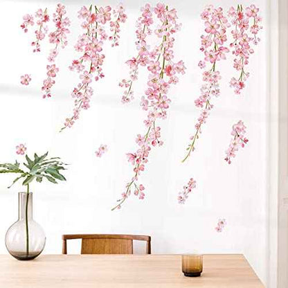wondever Cherry Blossom Wall Stickers Pink Flower Hanging Floral Peel and Stick Wall Art Decals for Living Room Bedroom TV Background