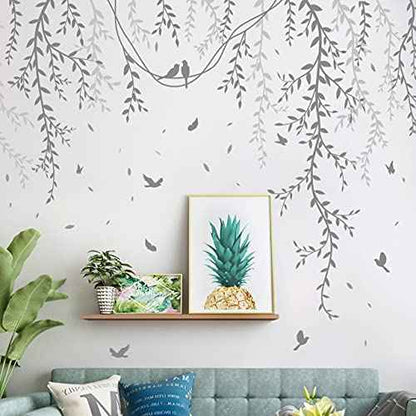 3D Removable Grey Vines Wall Stickers - Peel & Stick DIY Wall Decals with Flying Birds, Waterproof PVC Wall Decor for Kids Room, Bedroom, Living Room, Office (30x45cm x6, 89x164cm Coverage)