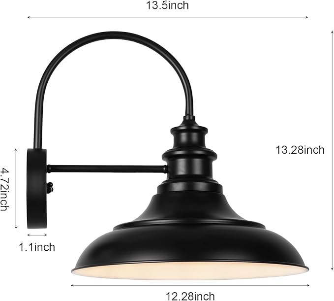 Dusk to Dawn Sensor Outdoor Barn Light Fixtures, 12.3 Inch Dome Farmhouse Outdoor Wall Sconces, Gooseneck Exterior Wall Mount Lights, Industrial Black White Wall Lanterns for Porch, DDRZ004-2 BK+WH