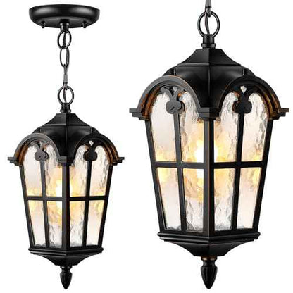 VIANIS Black Outdoor Pendant Light Lantern with Gold Trim, Outdoor Hanging Lights with Ripple Glass, Aluminum Outside Chandelier for Porch Waterproof and Anti-rust, Ceiling Fixtures for House Entryway