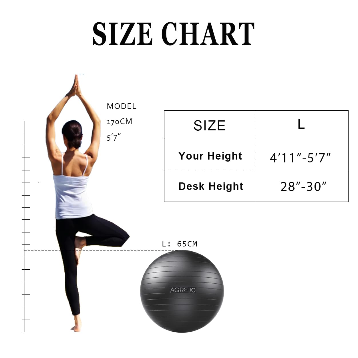 AGREJO Yoga Ball, Exercise Ball for Working Out, Anti-Burst and Slip Resistant for Physical Therapy, Birthing, Stretching, Flexible Seating, Home Gym, with Pump (L: 23-26ines/58-65cm)