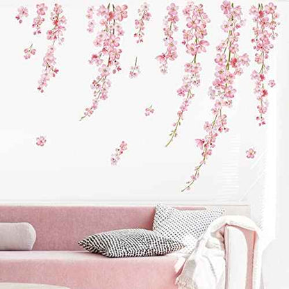 wondever Cherry Blossom Wall Stickers Pink Flower Hanging Floral Peel and Stick Wall Art Decals for Living Room Bedroom TV Background