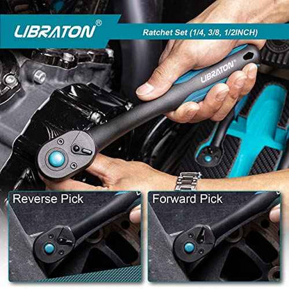 LIBRATON Ratchet Handle, 3 PCS 1/4", 3/8", 1/2" Heavy Duty Drive Ratchet Socket Wrench with Quick-Release Head, 72 Teeth, Reversible Design, Comfort Grip for Car Repair, EVA Organizer