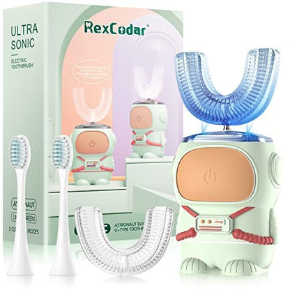 RexCodar Ultrasonic Kid's U-Shaped Electric Toothbrush, IPX7 Waterproof, Five Cleaning Modes, 60S Smart Reminder (Blue Ages 6-12)