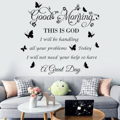 Bible Verse Inspirational Quote Good Morning This Is God Wall Stickers - Religious Decals With Flower Butterfly for Bedroom, Living Room, Office, Bathroom Decoration, Black