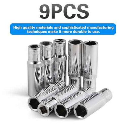 9-Piece 10mm Deep Sockets, 1/4-Inch Drive, 6-Point, Corrosion Resistance, Compatible with Standard Ratchet Wrenches and Tools