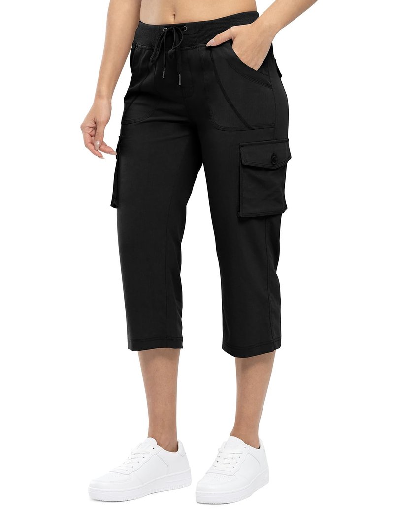 TBMPOY Womens Cargo Capris Hiking Lightweight Pants 6 Pockets Quick Dry Casual Outdoor Trip Loose Shorts Cropped Cotton Black XL