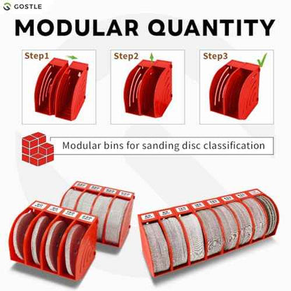 6 Inch Sanding Disc Storage Box, Sandpaper Organizer with 10 Bins ? Space-Saving Storage Rack, Offset Snap-On Connection, Grit Classification, Efficient Organization, Red