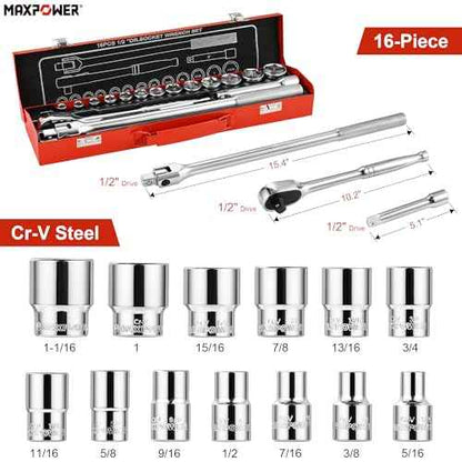 MAXPOWER 1/2" Drive Socket Wrench Set, 16-Piece, Including 13-Piece SAE Sockets, 1/2" Drive Breaker Bar, 1/2" Ratchet Wrench and Extension Bar