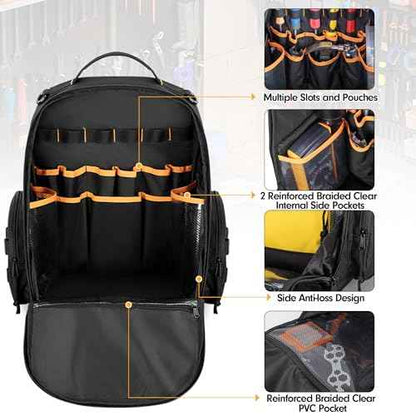 Tool Bag Backpack with 3 Tool Zipper Pouch, Tool Organizer Bag for Men with Padded Support, Tactical Tool Storage Work Bag for Repairman, Electrician, Handyman, Black (Patented Design)