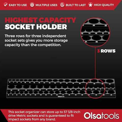 Olsa Tools Magnetic Socket Organizer (3/8-Inch Drive, 3 Row) - Magnetic Tool Organizer & Socket Holder - Tool Box Socket Organizers - Metric Black - Holds 54 Sockets - Professional Grade - Part: 1553