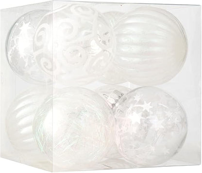 XmasExp 4ct Christmas Ball Ornaments Set -Large Clear Plastic Shatterproof Xmas Tree Ball Hanging Baubles Stuffed Delicate Glittering for Holiday Wedding Xmas Party Decoration (100mm/3.94",White)