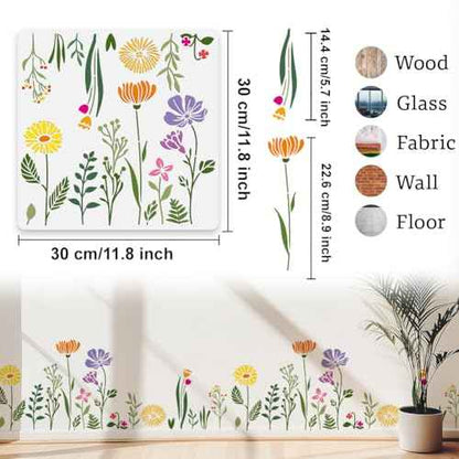 Wildflower Wall Stencil Templates 11.8 x 11.8 Inch Reusable Floral Stencils for Painting on Wood Wall Floor Fabric Furniture, DIY Home Decor Craft Stencil