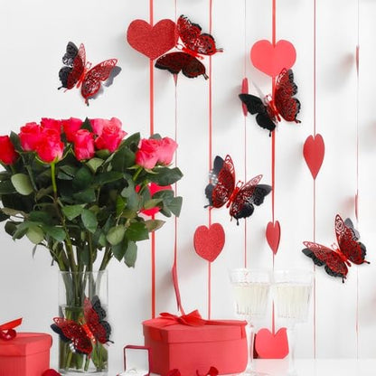3D Butterfly Wall Decor Valentine's Rose Butterfly Sticker Decoration 3.85x4.6 inche Red Black Double Deck Removable Sticker for Birthday Holiday Party Decoration-6pcs
