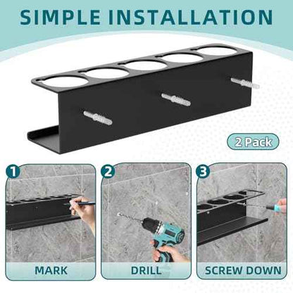 2 Pack 5 All-Purpose Spray Bottle Holder Wall Mount | Heavy-Duty Powder Coated Steel Spray Bottle Storage Rack for Garage Home Workspace | Detailing Bottle Holder (Black)