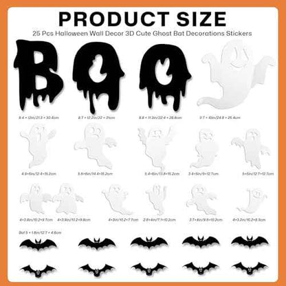 25 Pcs Halloween Wall Decor 3D Cute Ghost Stickers Bat Decals Decorations Boo Letters Window Stickers Reusable Halloween Door Decorations for Party Home Room Closet Self-Adhesive Supplies