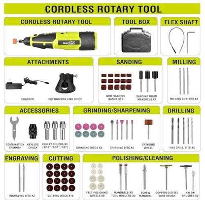 SnapFresh 12V Cordless Rotary Tool Kit,7 Variable Speeds w/Flex Shaft,80+ Change Accessories Multi Tool-Battery Fast Charger & Tool Bag-for Cutting, Sanding, Polishing, Drilling,Handmade or DIY Crafts