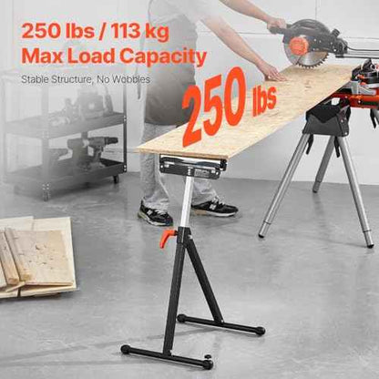 VEVOR 2-Pack Stands 250 lbs Load Capacity, 27-43 in Adjustable Height, Folding Heavy Duty with Polished Steel Roller Head & Edge Guides, for Table Saw Outfeed Woodworking Extension Support, Black