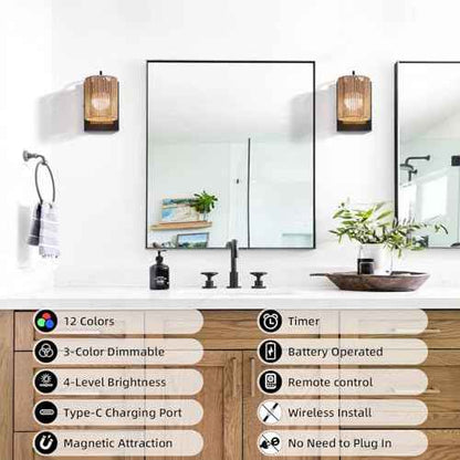 Battery Operated Wall Sconces Set of 2, Wireless Boho Rattan Wall Lights with Dimmable Bulbs, Remote & 12-Color RGB, Rechargeable Lamps for Bedroom, Living Room, Hallway Indoor Lighting