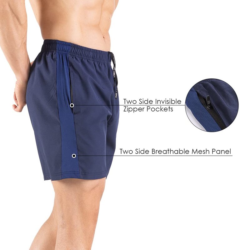 Gaglg Men's 5" Running Shorts 2 Pack Quick Dry Athletic Workout Gym Shorts with Zipper Pockets Navy/Green,Medium