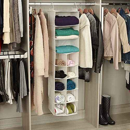 Household Essentials Hanging Shoe Organizer, Natural Canvas, With Clothes Storage, 10 Pockets and 3 Shelves, Collapsible, Cream