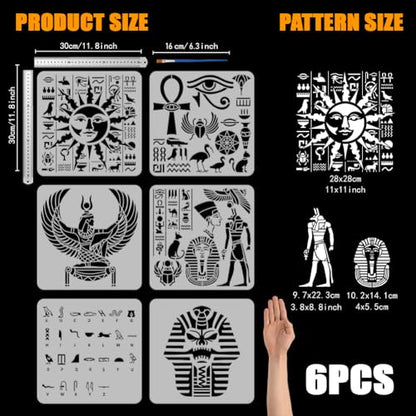 FINGERINSPIRE 6 Pcs Egypt Theme Painting Template with Brush 11.8x11.8inch Egyptian Writing Painting Template Pharaoh Skull Stencil Sun Stencils Reusable DIY Art Craft Stencil for Wood Floor Wall